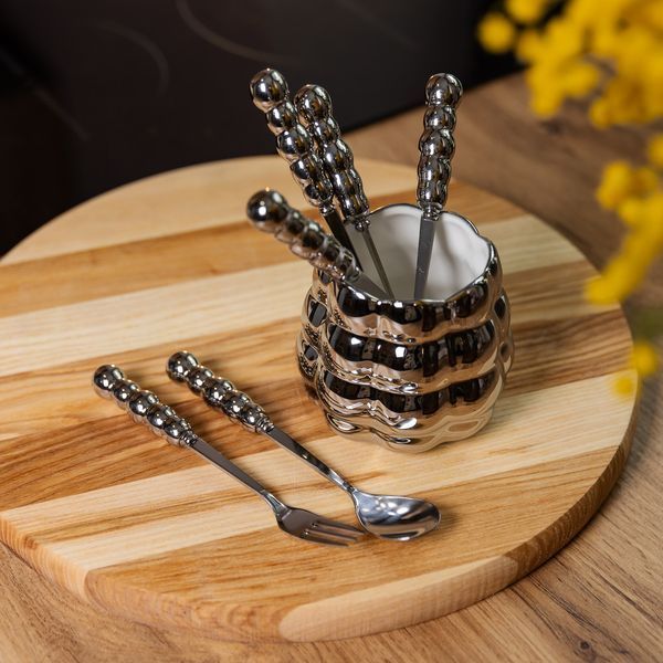 Набор десертных вилок и ложек на 3 персоны с подставкой из фарфора 7 предметов Серый HP-20-61 HP-20-61 фото