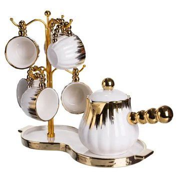 Кофейный сервиз на подставке с кофейником 450 (мл) 6 чашек по 90 (мл) подарочный набор чашек на подставке Белый с золотом FM-JJ-5 FM-JJ-5 фото